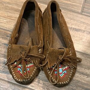 Minnetonka Brown Moccasins with Colorful Beads